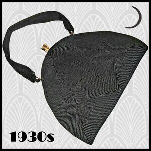 Vintage Art Deco Black Corde Purse, Mirror & Hairpins VFG 30s 1930s